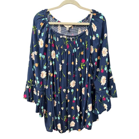 Terra & sky Floral Blue Rayon Peasant Top Smocked Bodice & Bell Sleeves Sz 1X - Picture 1 of 12